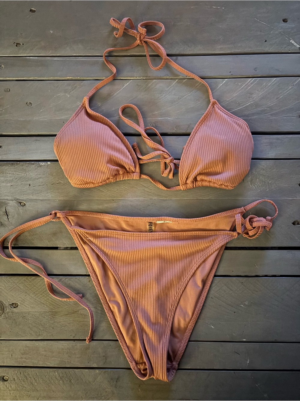 Forever 21 Mauve Ribbed Tie Bikini Set
